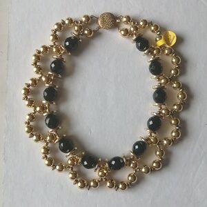Vintage Originals by Elfi Black Faceted Glass Beads Gold Collar Necklace